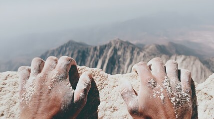 climber pausing mid-ascent with chalk-covered hands and scenic view below
