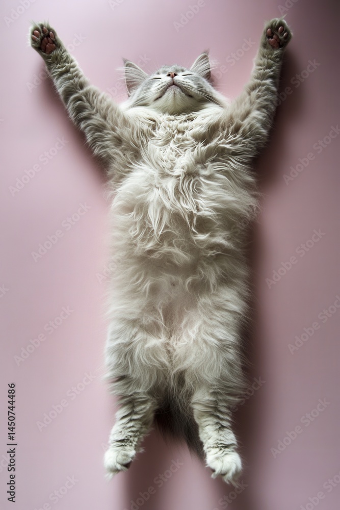 Poster relaxed fluffy cat lying on pink background with arms outstretched in playful pose capturing a momen