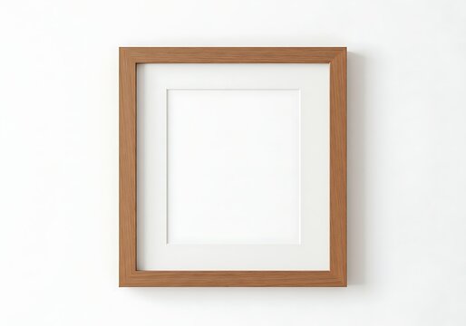 A simple brown wooden picture frame with a white matte hanging on a white wall in portrait style
