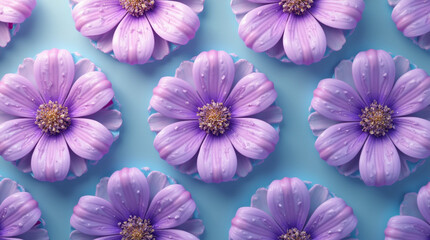 Illustration of pastel purple daisy flowers with golden centers, over a light blue background. Tender petals, watercolor effect.