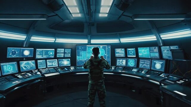 futuristic military command center, soldiers neural interface helmets, drones, automated weaponry thoughts. room high-tech interfaces, glowing neural pathways, advanced cybernetic technology