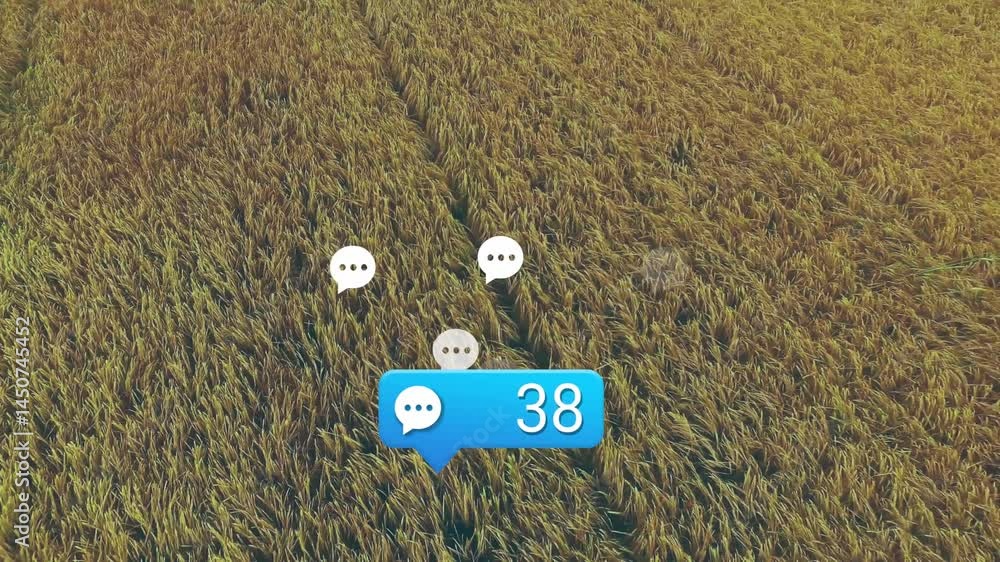 Poster chat notifications floating over golden crop field, highlighting blue bubble showing number 43