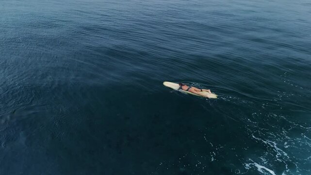 Surfer woman rowing on surfboard in ocean with crashing ocean wave. Surf girl on longboard. Aerial view