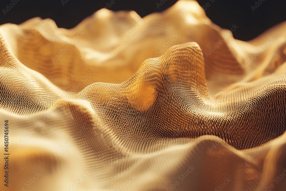 Poster seamless gold waveform with intricate textures resembling flowing terrain under soft light, 3d wavef