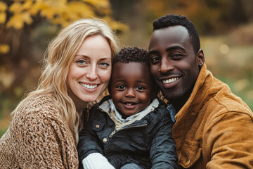 Fototapeta premium Family of three, a man, a woman and a child, are smiling