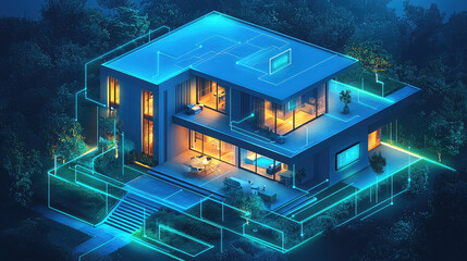 Modern smart home at night, illuminated by glowing technology