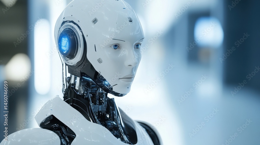 Poster this image features a humanoid robot showcasing sleek design and advanced technology. the futuristic