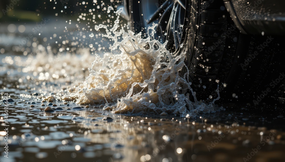 Poster dynamic splash tire driving through a puddle, water droplets exploding