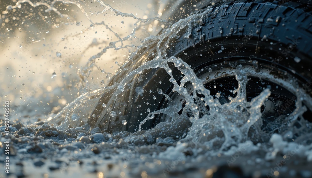 Aufkleber dynamic splash tire driving through puddle, water droplets exploding