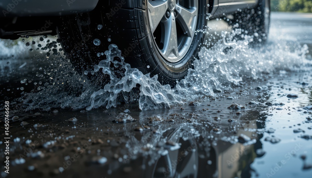 Poster dynamic splash close-up of a tire driving through a puddle, water spraying dynamically