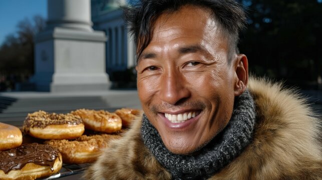 Donut street vendor, National Donut Day, outdoor market, outdoors, lady, model, closeup, african american, hat, handsome - Powered by Adobe