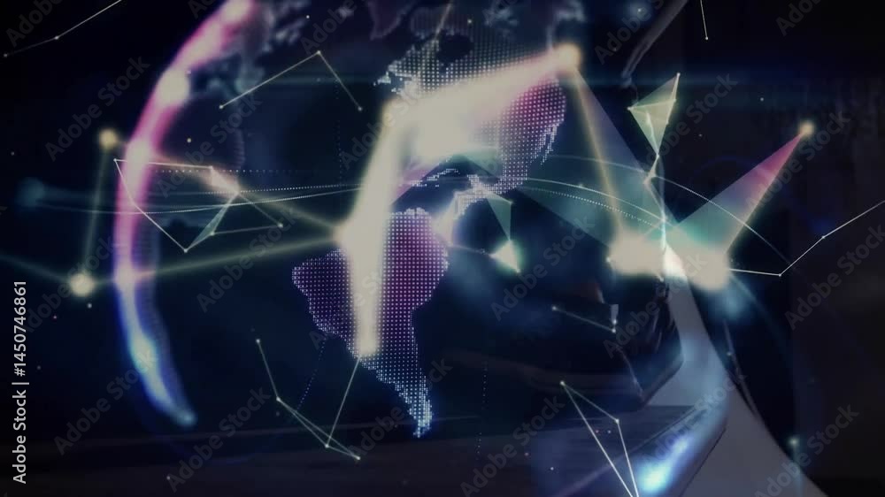 Poster man on platform, projecting technology globe with network lines and light flares