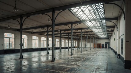 Expansive Industrial Hall with Arched Supports and Overhead Skyl