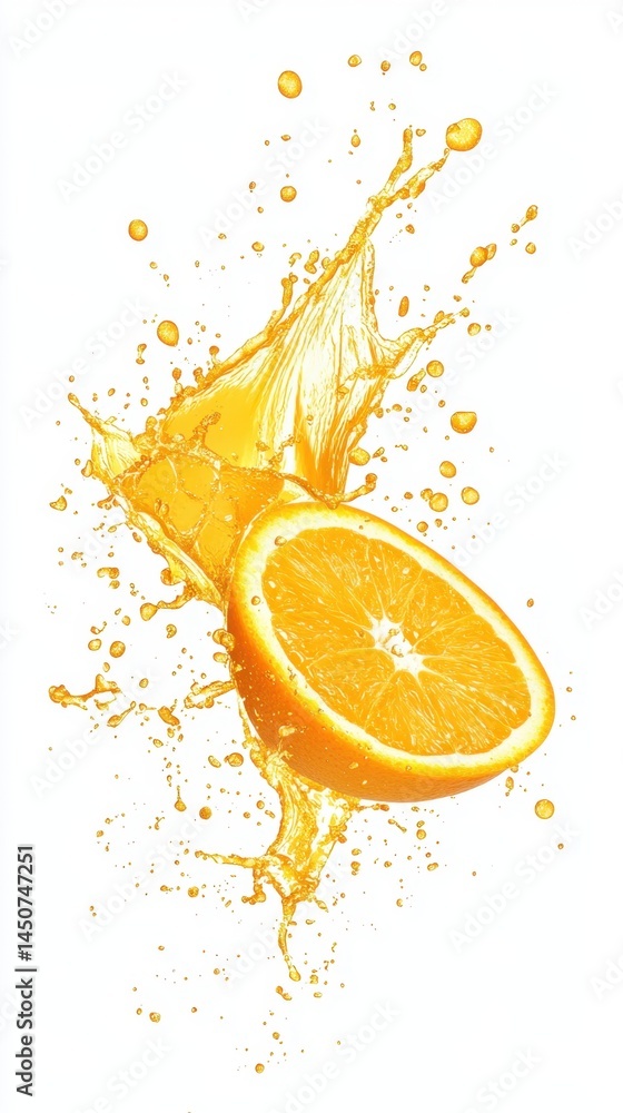 Poster refreshing splash of vibrant orange juice over a juicy half orange against a clean white backdrop cr