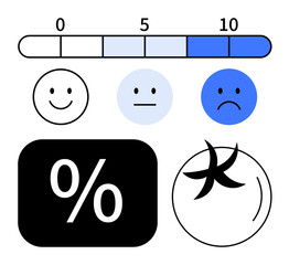 Satisfaction meter progress bar from 0 to 10, happy, neutral, sad emotions, percentage symbol, and decorative star. Ideal for feedback, rating, evaluation analysis progress tracking survey