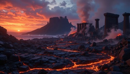 Spectacular Volcanic Eruption at Sunset Lava Flows Through Ancient Ruins, Dramatic Landscape Photography