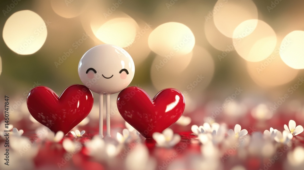 Poster this delightful image features a cute 3d character surrounded by vibrant red hearts and delicate flo