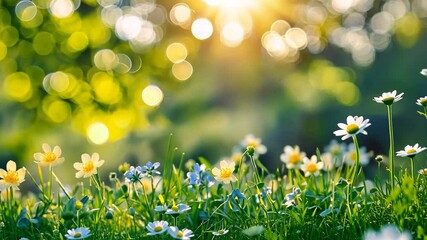 A sunny meadow of white and yellow spring daisy flowers blooming in green grass under a bright sky - Powered by Adobe