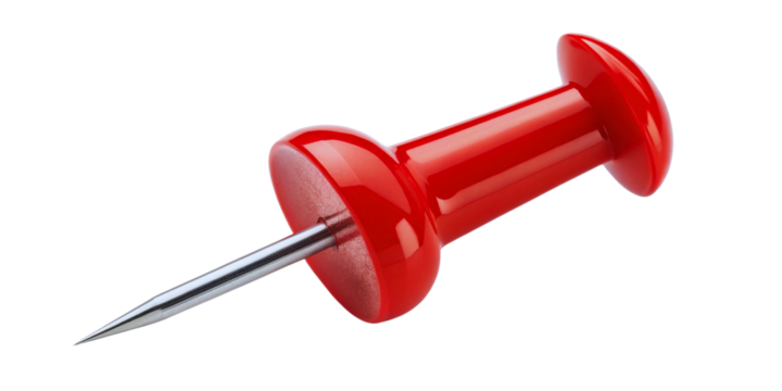 A high-resolution close-up of a single red push pin standing upright on a clean white surface, often used for bulletin boards, maps, or office presentations