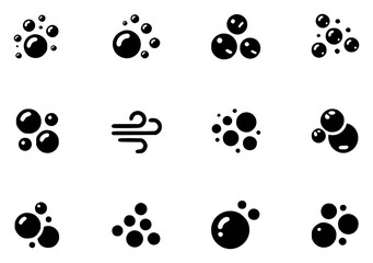 Fototapeta premium Black bubbles and wind icons set on white background
