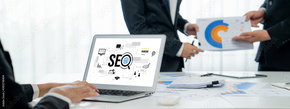 Poster seo search engine optimization for brisk e-commerce and online retail business showing on computer s