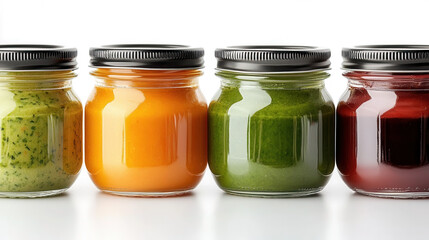 Colorful glass jars of assorted baby food flavors neatly arranged on a clean background for easy selection and pairing