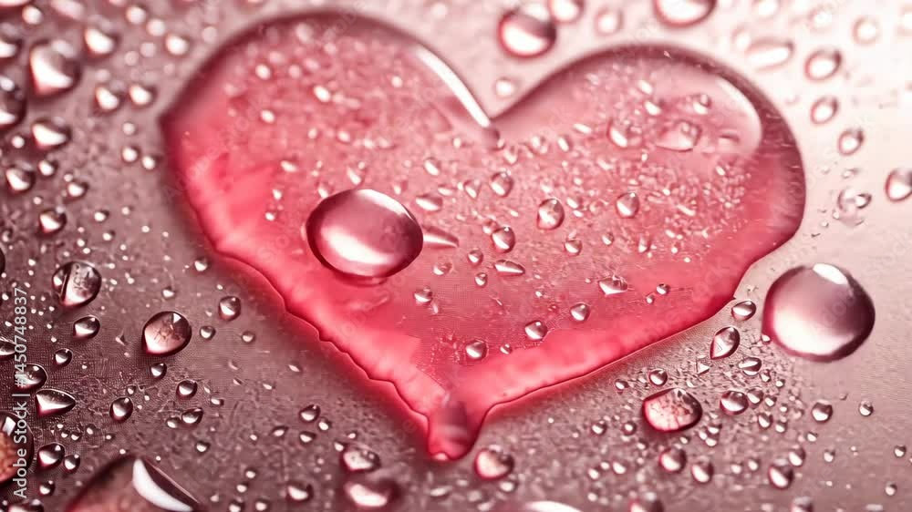 Poster vibrant pink heart with water droplets seamlessly transitioning in timelapse animation