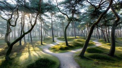 forest trail winding through tall pine trees with morning light streaming through the branches