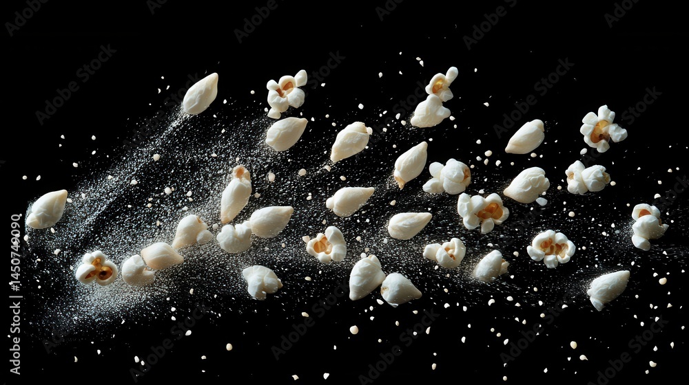 Poster captivating studio shot of floating popcorn kernels and exploded popcorn against a deep black backdr