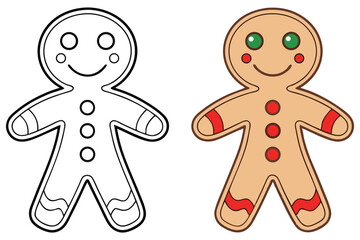 A pair of gingerbread man cookies display color and line versions respectively on white