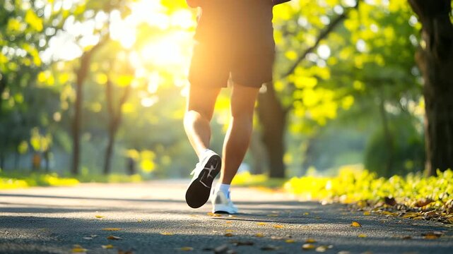 A jogger wincing in discomfort as they massage their thigh, standing on a sunlit jogging trail, the tree canopy above forming intricate light and shadow patterns on the ground.