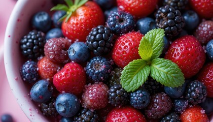 Vibrant Bowl of Fresh Mixed Berries Strawberries, Blueberries, Blackberries & Mint