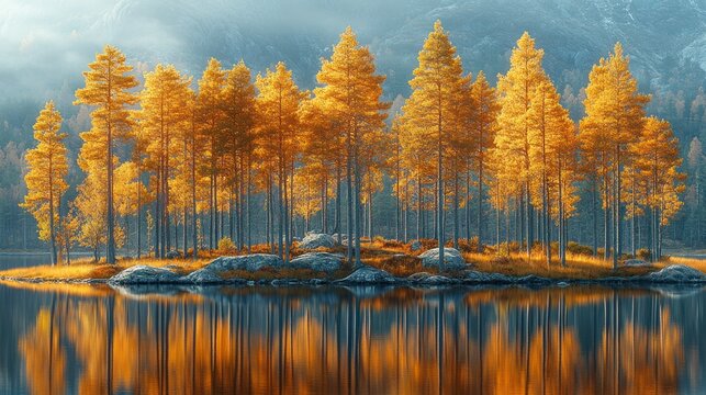Autumnal island forest reflected in serene lake - Powered by Adobe