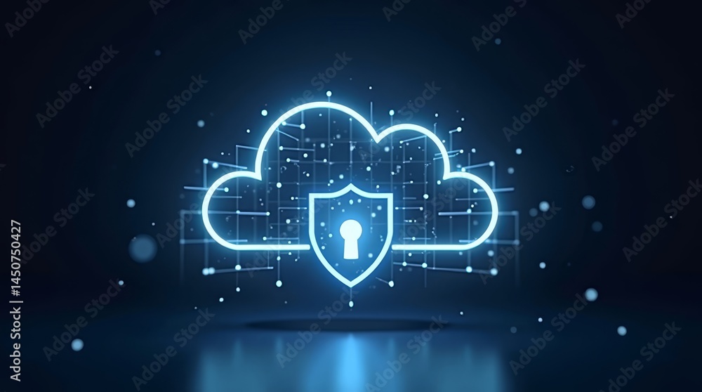 Poster stylized shield cloud icon with glowing firewall lines — ideal for it websites, secure hosting brand