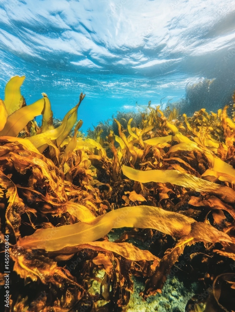 Poster underwater kelp forest canopy with sunlight filtering through the surface in a serene ocean scene
