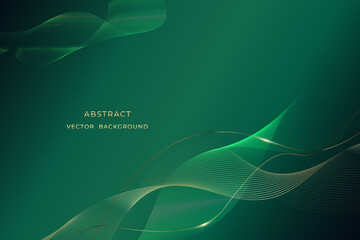 Abstract luxury golden curved overlapping lines on dark green background. Premium design template.