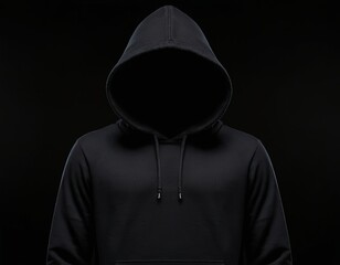 A mysterious figure in a black hoodie against a dark background, conveying an enigmatic mood.