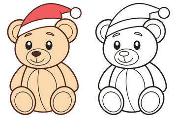 One cute brown teddy bear wearing santa hat stands beside its black and white version