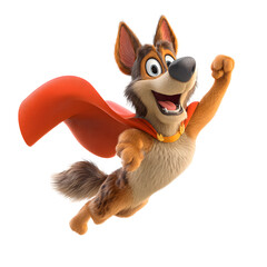A cheerful cartoon dog wea a red cape and a gold collar joyfully soars through the air with an outstretched arm against a plain white background that pops.