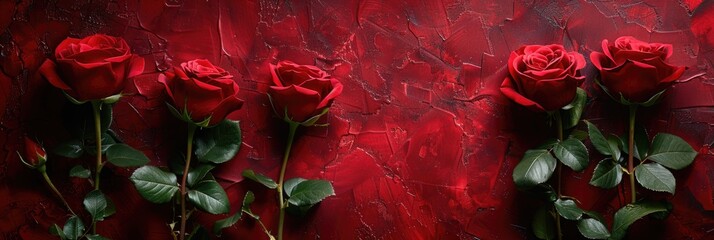 A captivating arrangement of elegant red roses set against a rich textured crimson background, perfect for conveying romance and beauty in various concepts.