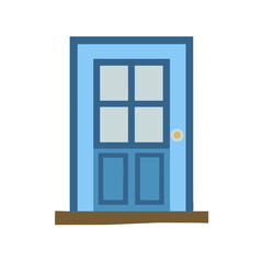 Blue front door icon with glass panels in flat style