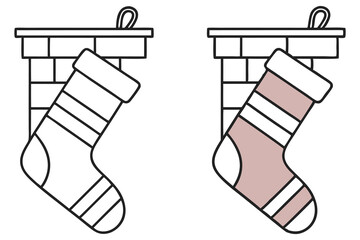 Line art depiction shows a simple Christmas stocking hanging on two mantels, one filled
