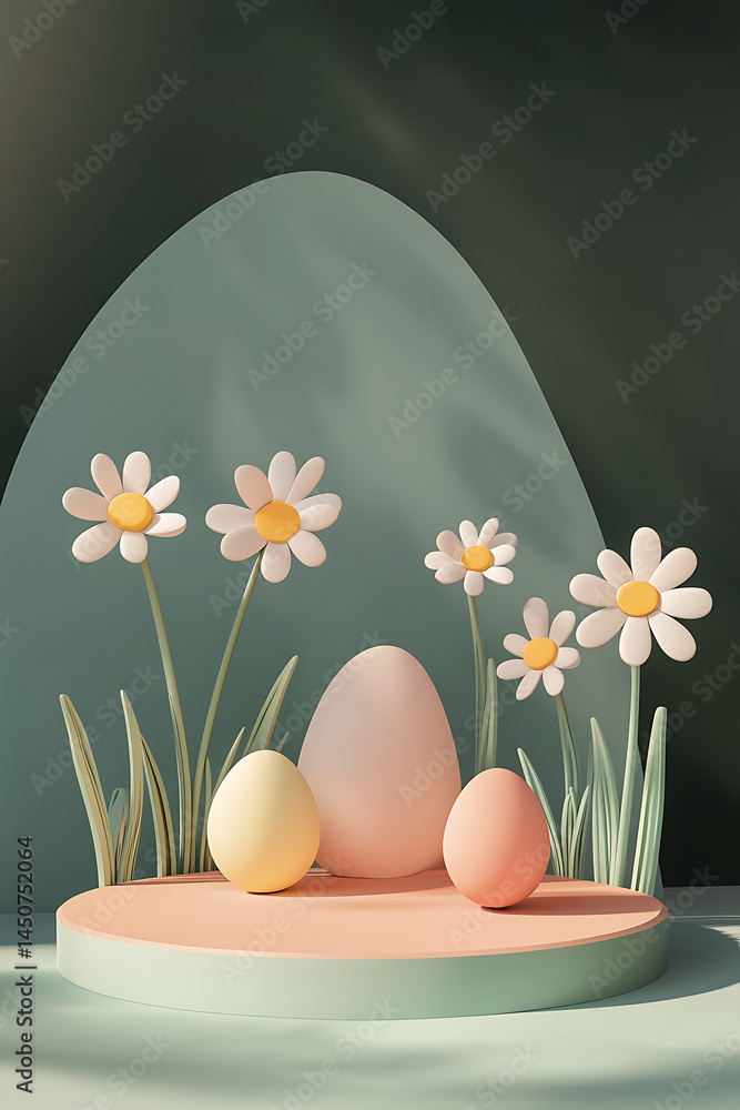 Poster soft pastel arrangement of eggs and flowers on a circular platform in a serene setting