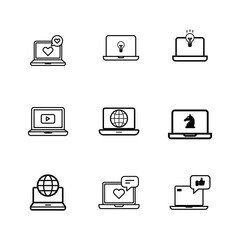 a black outline vector set of laptop icons with elements.