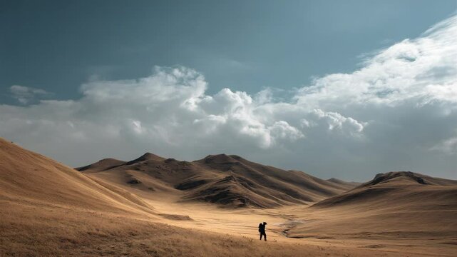 Person Hiking Through a Golden Grassland Valley Beneath Cloudy Skies, Exploration and Adventure in a Remote and Undulating Landscape