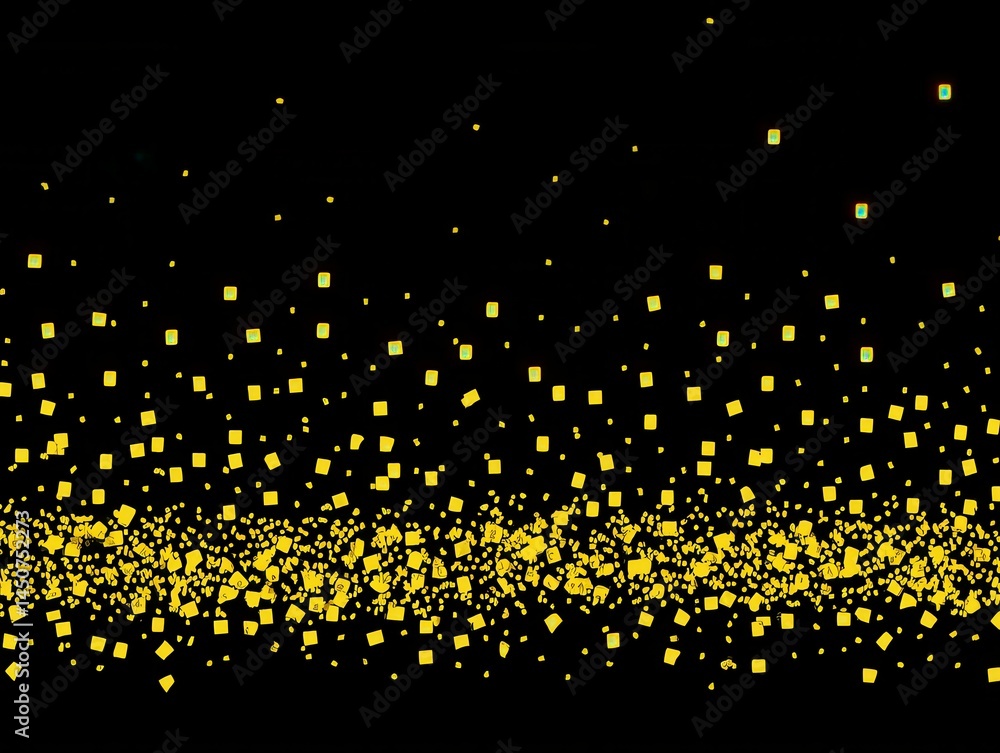 Poster abstract festive background with sparkling yellow squares on black backdrop creating a dynamic and m