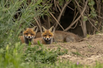 Obraz premium Red fox pups playfully exploring their grassy surroundings near their den, Red Fox Young Pups are playing in the grass near the burrow Vulpes vulpes