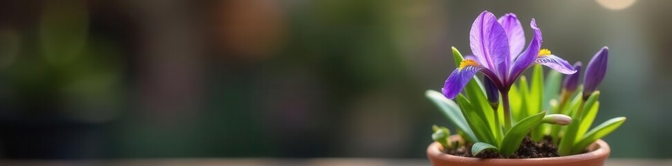 Tiny purple Iris reticulata Pixie blooms in terracotta pot , petals, anthers