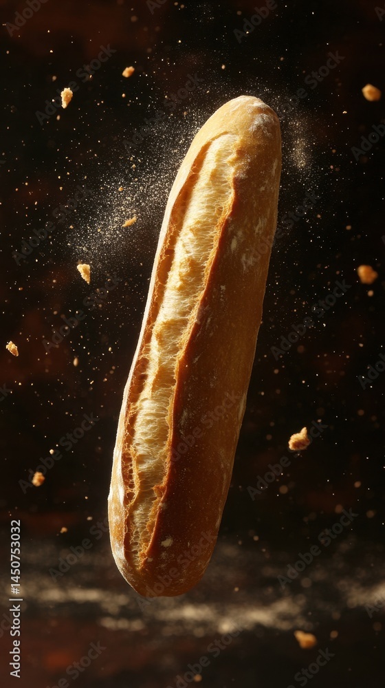 Poster rustic baguette levitating amidst a flurry of crumbs against a dark backdrop creating a captivating 
