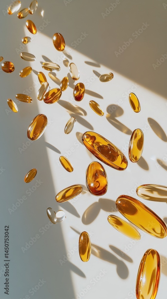 Poster golden omega three capsules float on a white surface in a sunny scene creating a clean and healthy v